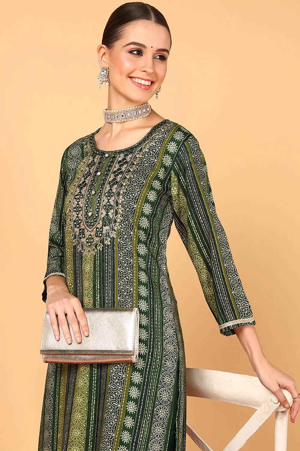 Green Rayon Printed Straight Fit KurtI Set