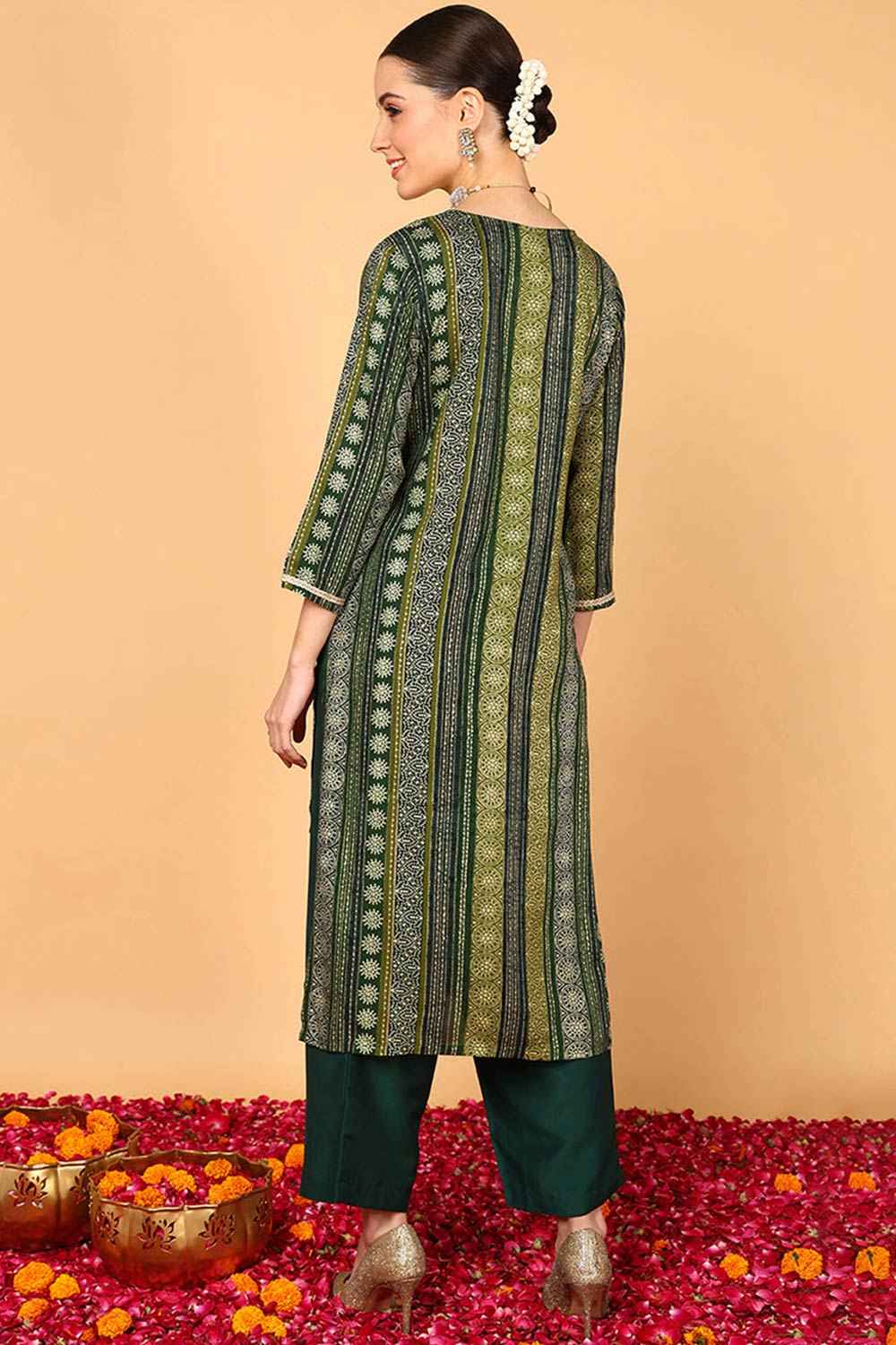 Green Rayon Printed Straight Fit KurtI Set