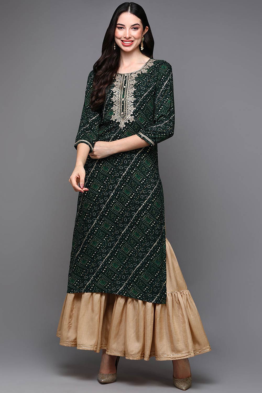 Green Rayon Bandhani Scoop Neck KurtI Set