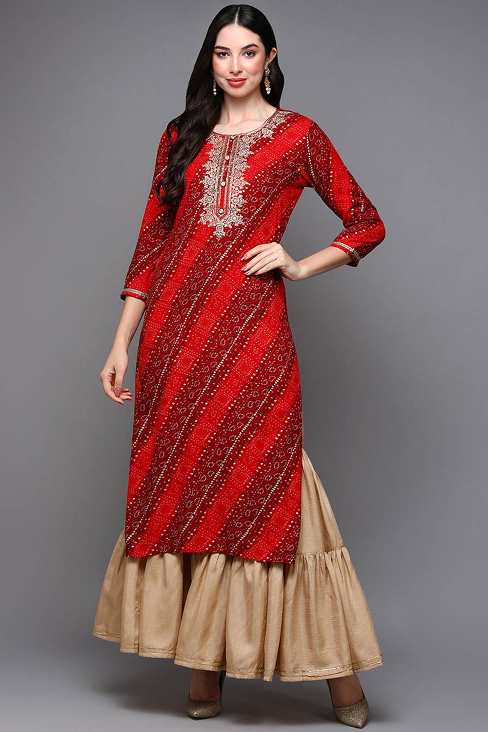 Red Rayon Bandhani Round Neck Kurta Set