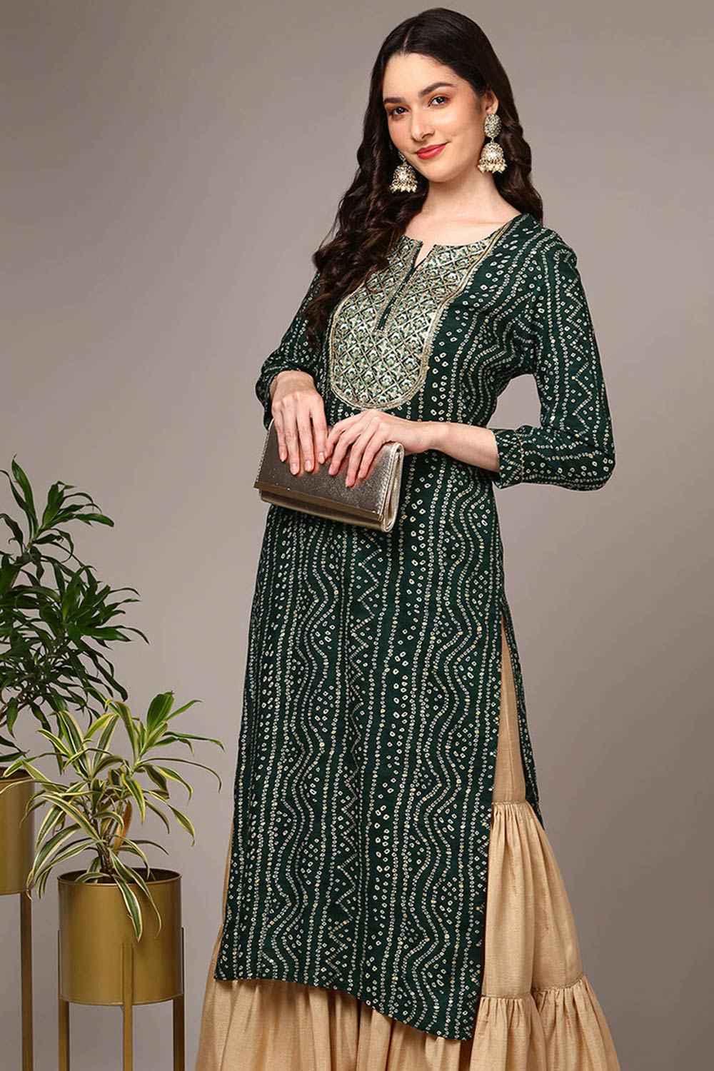 Green Rayon Printed Straight Fit KurtI Set