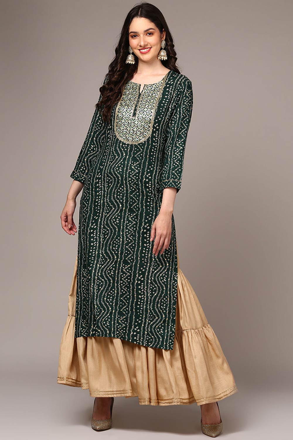 Green Rayon Printed Straight Fit KurtI Set