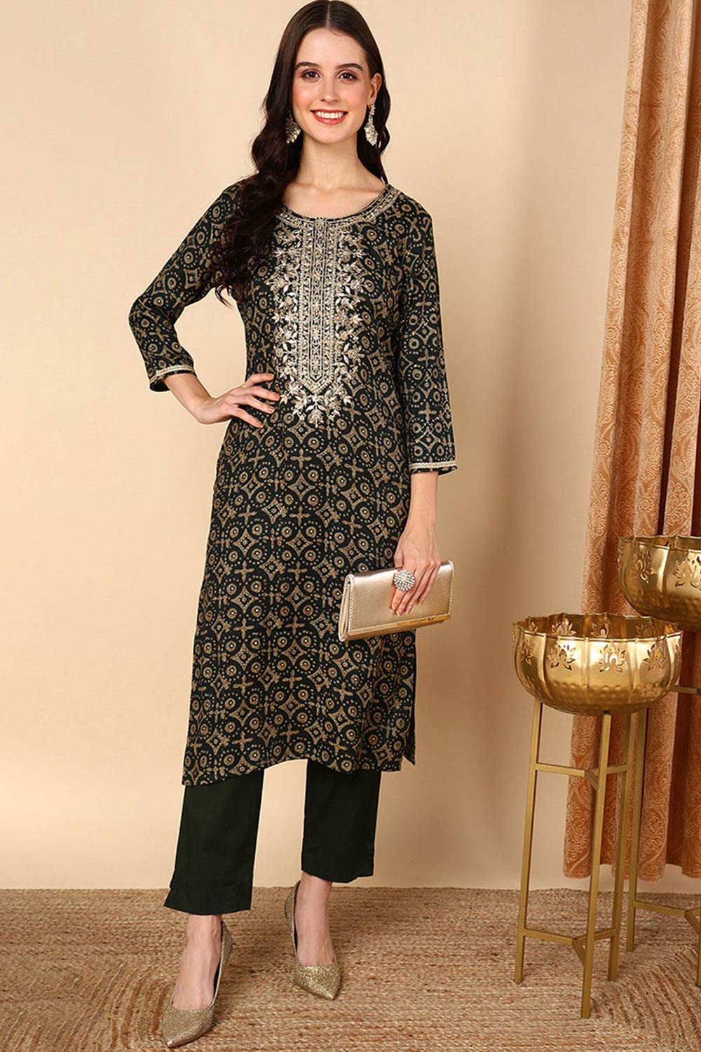 Green Rayon Printed Straight Fit KurtI Set