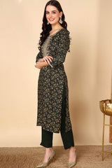 Green Rayon Printed Straight Fit KurtI Set