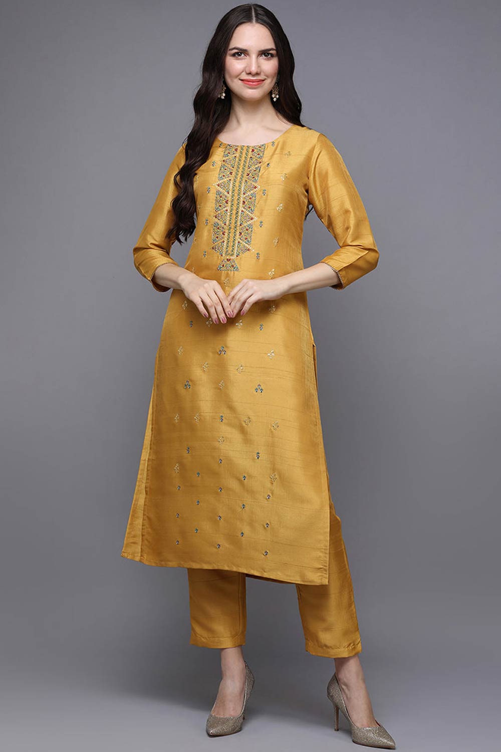 Yellow Silk Blend Floral Print Round Neck KurtI Set