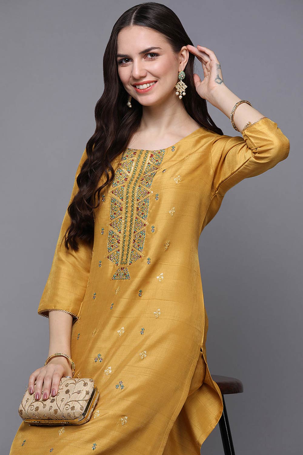 Yellow Silk Blend Floral Print Round Neck KurtI Set