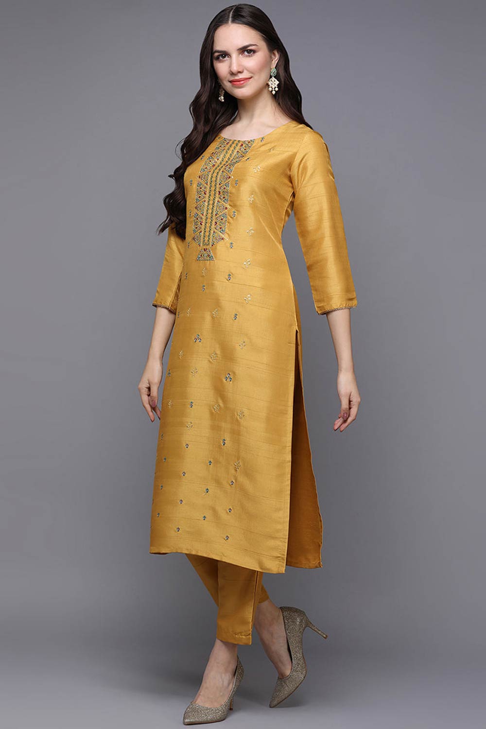 Yellow Silk Blend Floral Print Round Neck KurtI Set