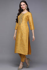 Yellow Silk Blend Floral Print Round Neck KurtI Set