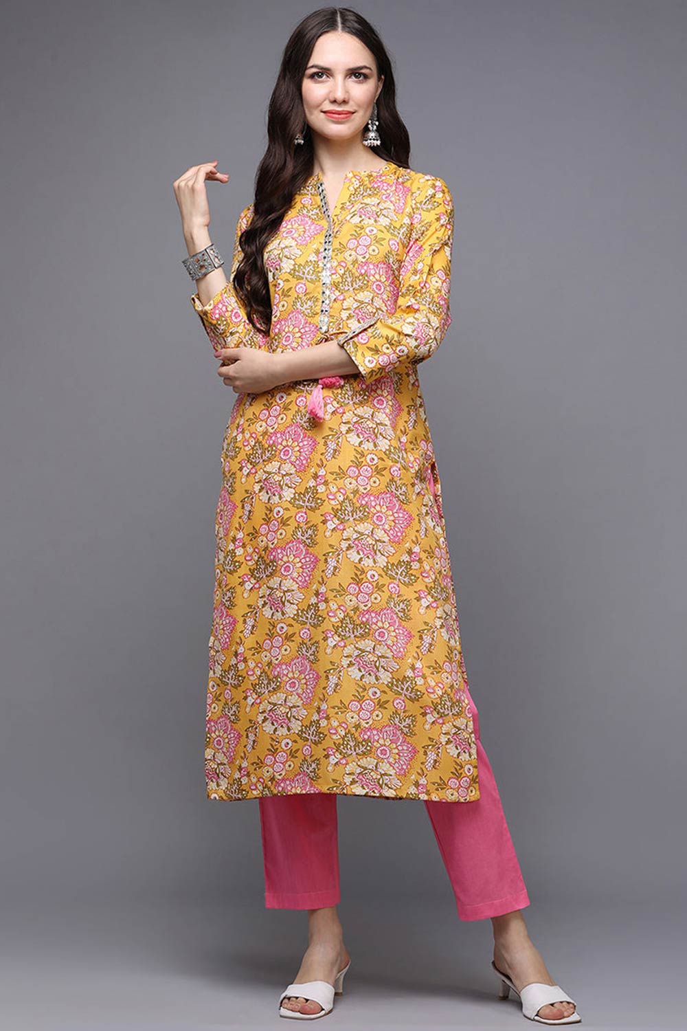 Yellow Cotton Floral Print Mandarin Collar KurtI Set