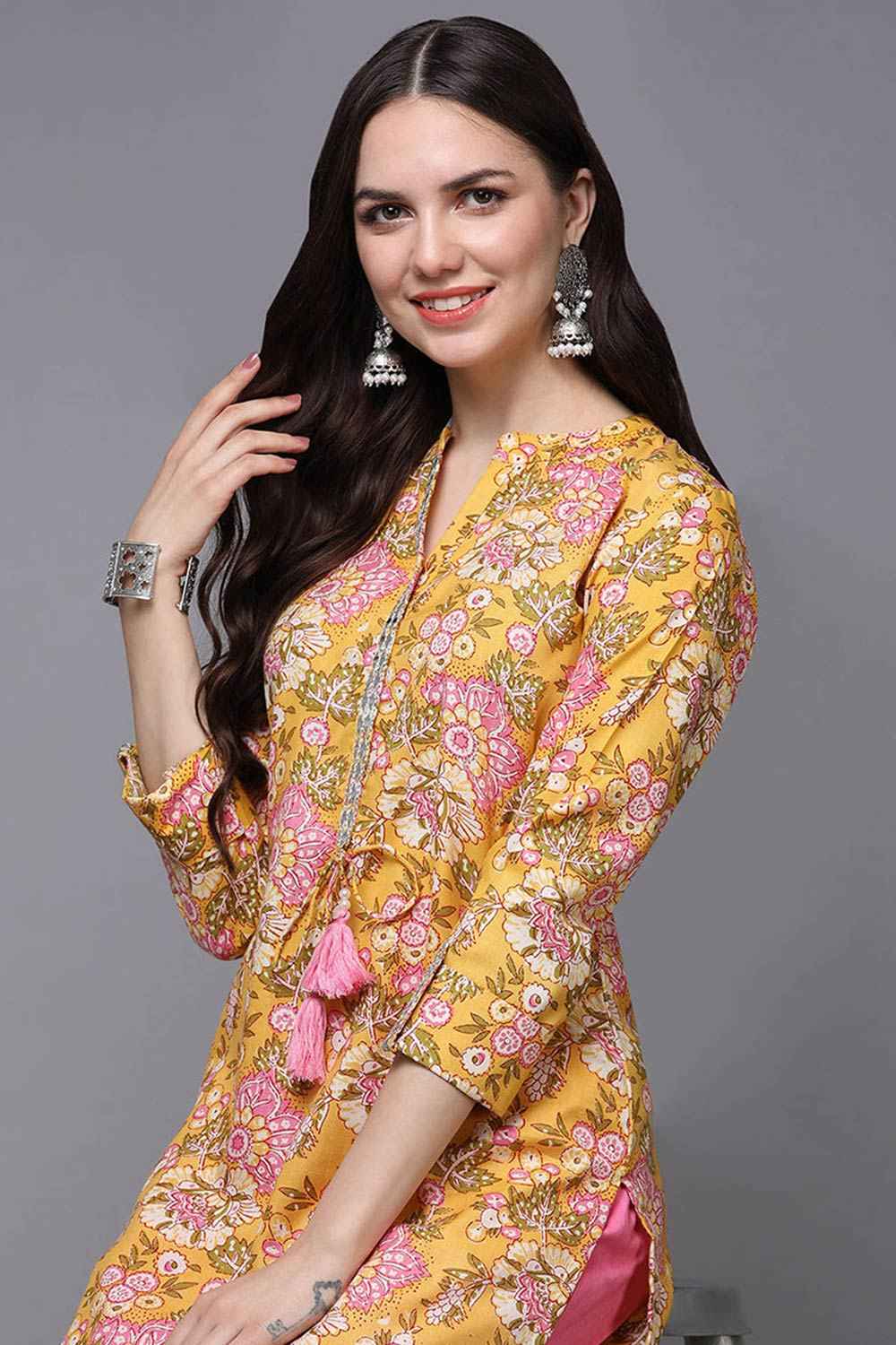 Yellow Cotton Floral Print Mandarin Collar KurtI Set