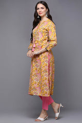 Yellow Cotton Floral Print Mandarin Collar KurtI Set