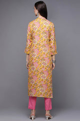 Yellow Cotton Floral Print Mandarin Collar KurtI Set