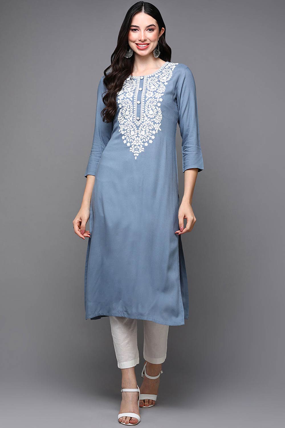 Blue Rayon Floral Print Round Neck KurtI Set