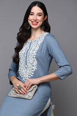 Blue Rayon Floral Print Round Neck KurtI Set