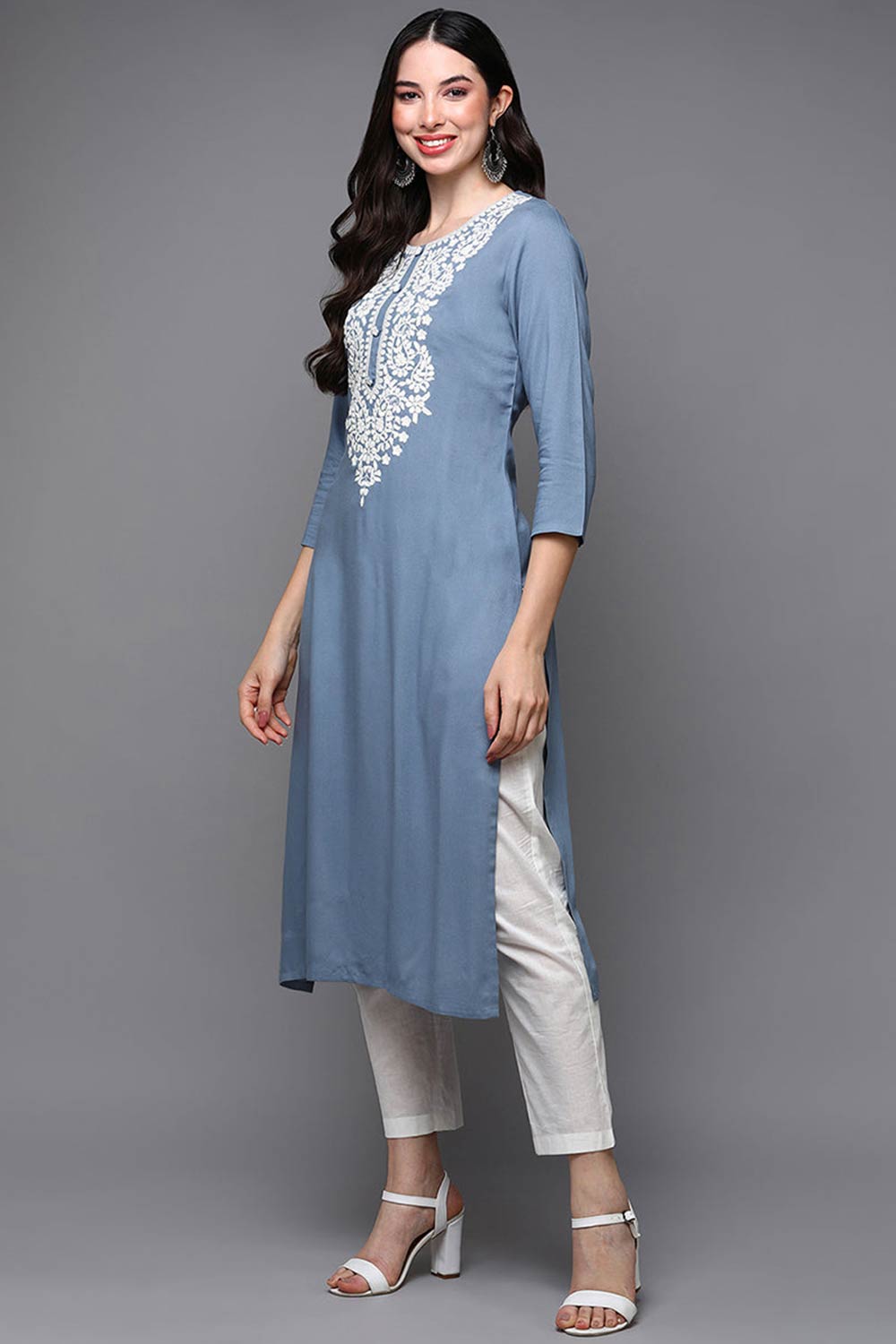 Blue Rayon Floral Print Round Neck KurtI Set