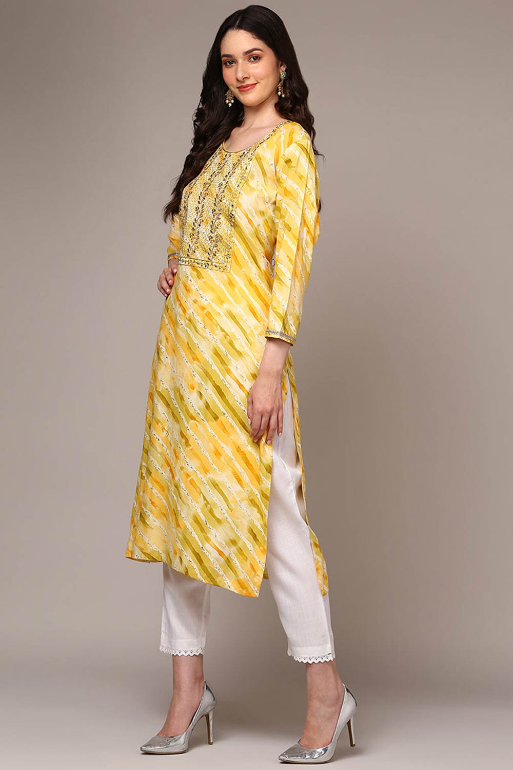 Yellow Rayon Floral Print Round Neck KurtI Set