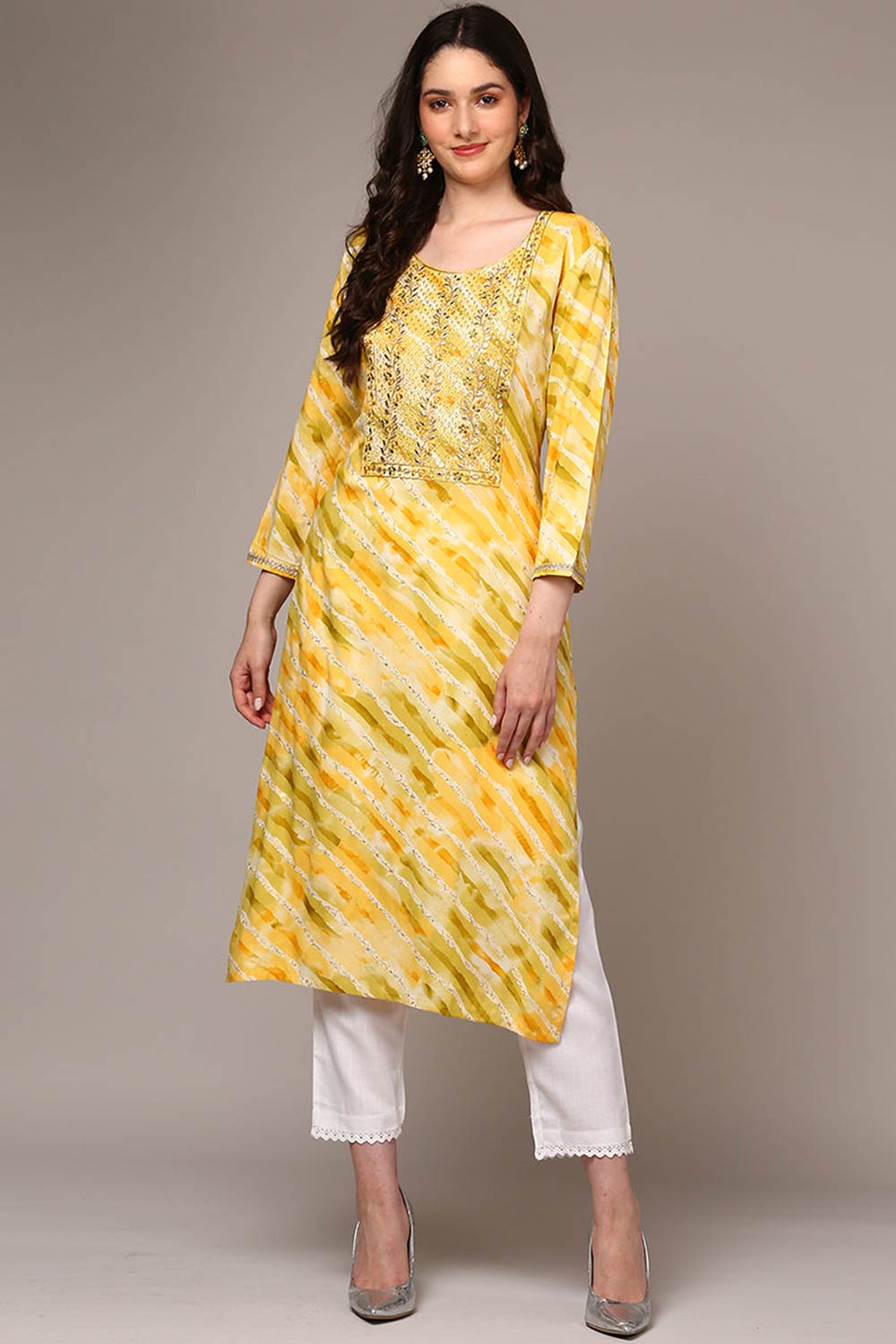 Yellow Rayon Floral Print Round Neck KurtI Set