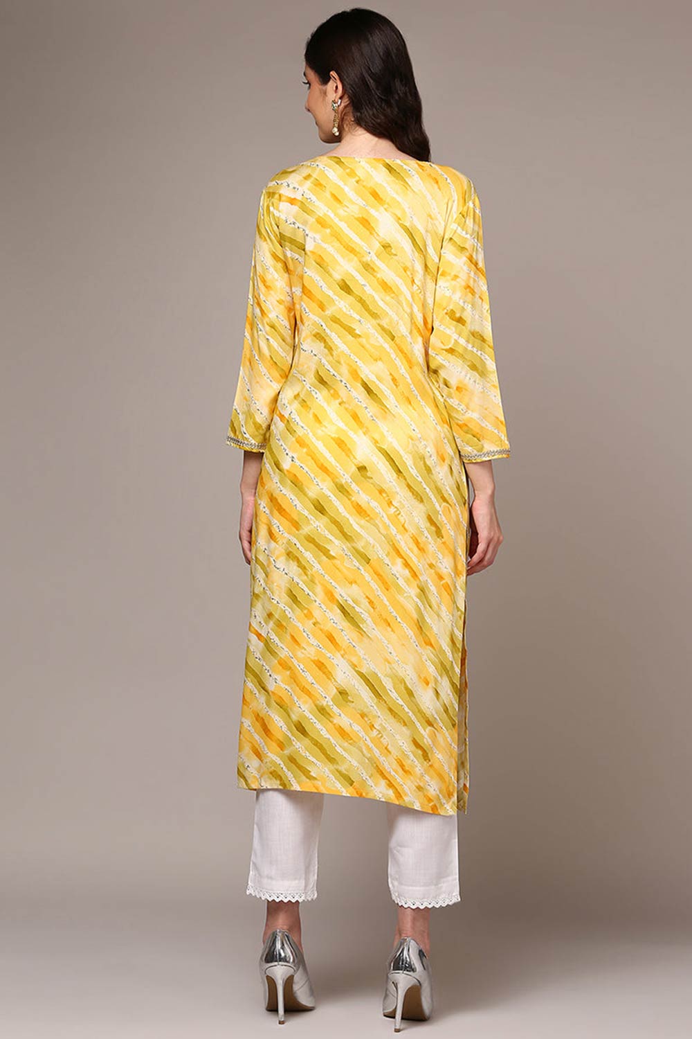 Yellow Rayon Floral Print Round Neck KurtI Set