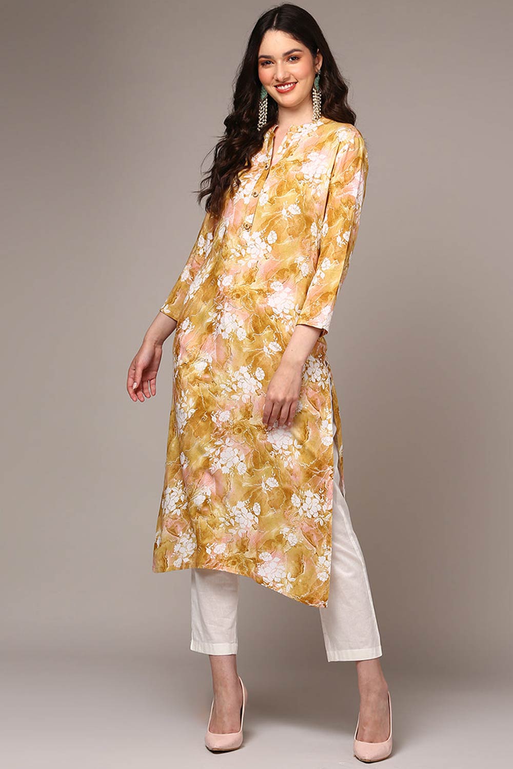 Yellow Rayon Floral Straight Fit KurtI Set