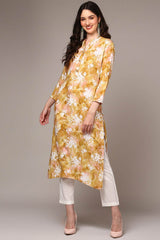 Yellow Rayon Floral Straight Fit KurtI Set