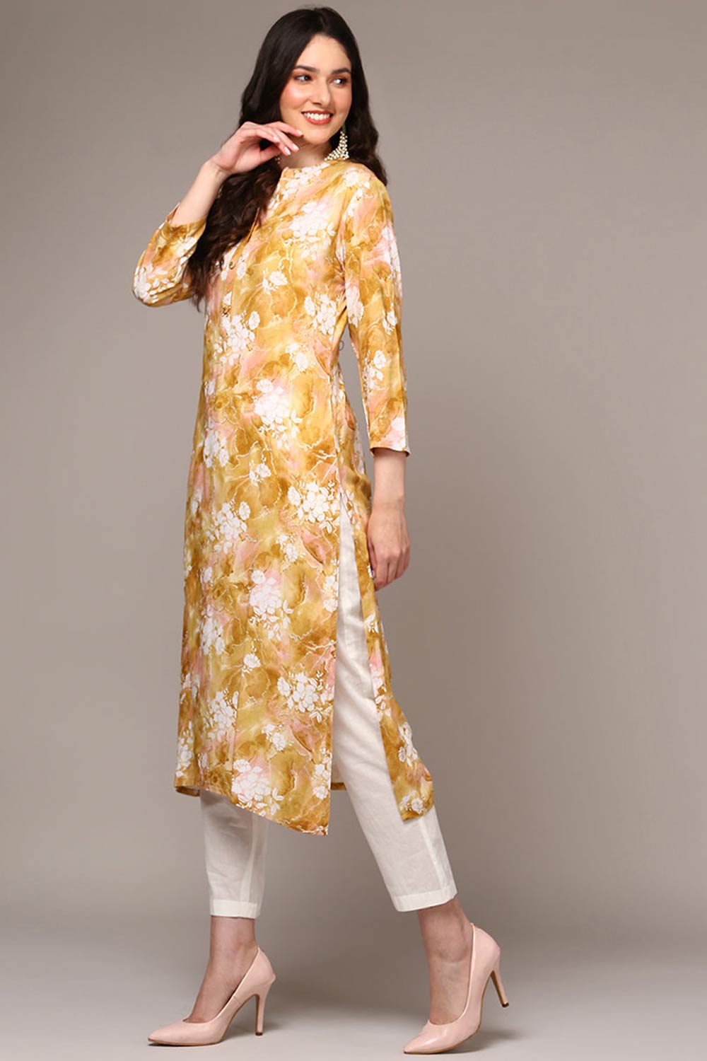 Yellow Rayon Floral Straight Fit KurtI Set