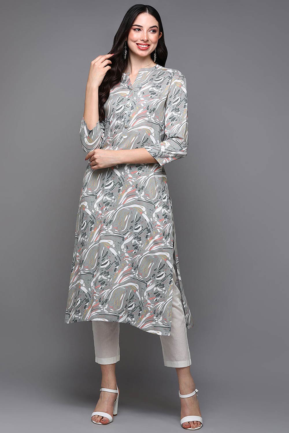 Grey Rayon Bandhani Band Collar KurtI Set