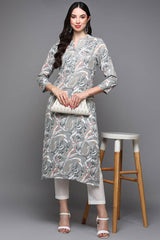 Grey Rayon Bandhani Band Collar KurtI Set