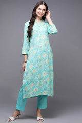 Blue Rayon Floral Print Mandarin Collar KurtI Set