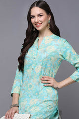 Blue Rayon Floral Print Mandarin Collar KurtI Set