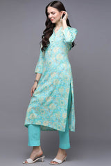 Blue Rayon Floral Print Mandarin Collar KurtI Set