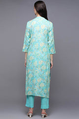 Blue Rayon Floral Print Mandarin Collar KurtI Set