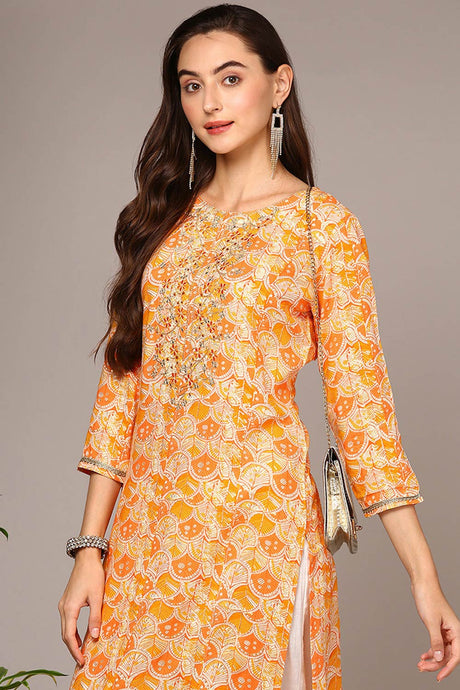 Orange Rayon Keyhole Neck KurtI Set