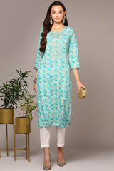 Blue Rayon Bandhani Shirt Collar KurtI Set