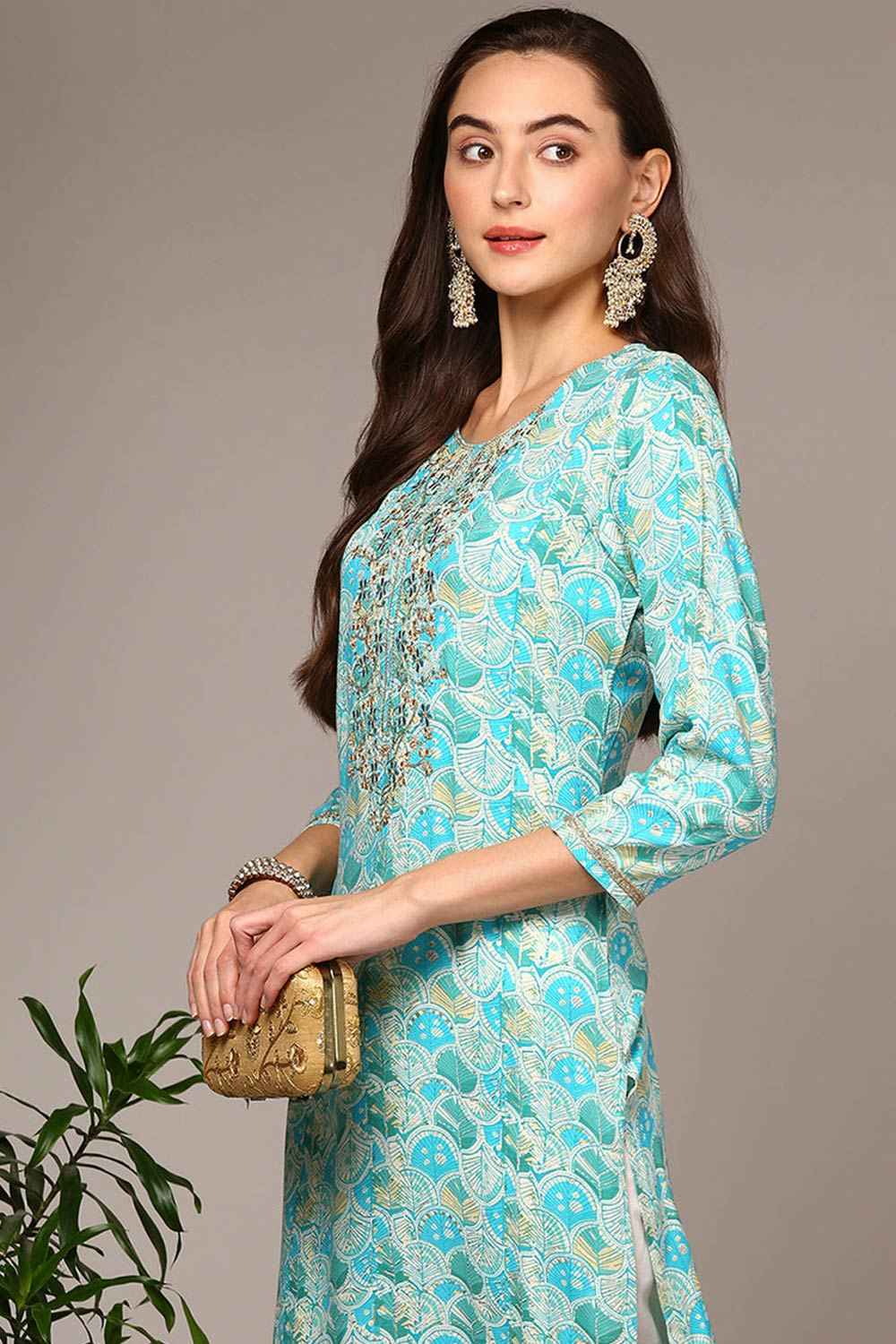 Blue Rayon Bandhani Shirt Collar KurtI Set