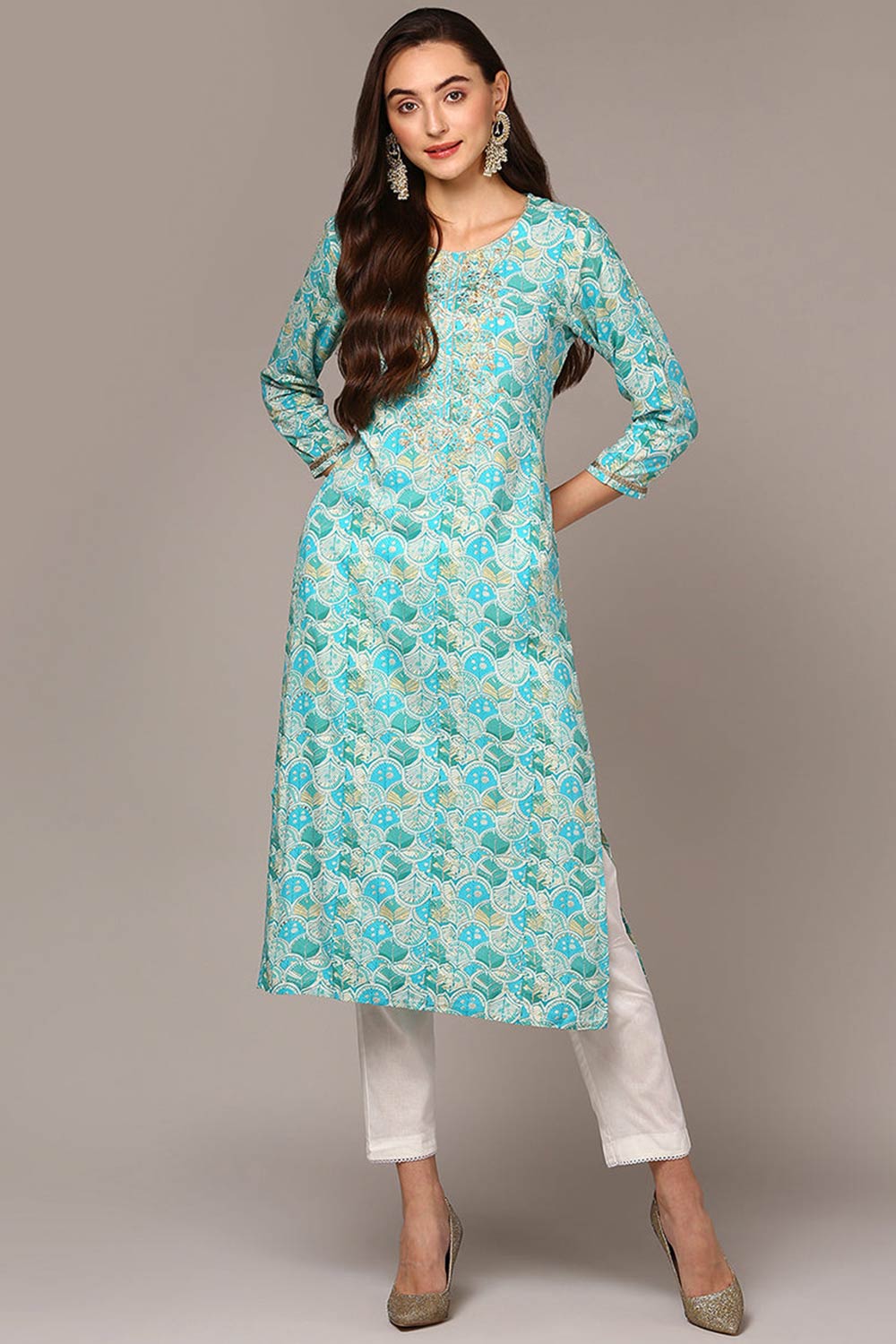 Blue Rayon Bandhani Shirt Collar KurtI Set