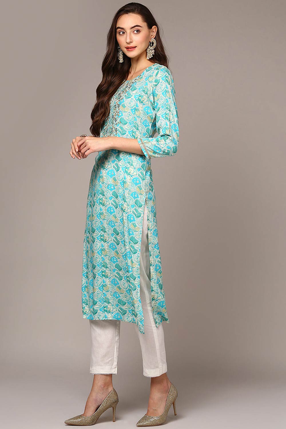 Blue Rayon Bandhani Shirt Collar KurtI Set