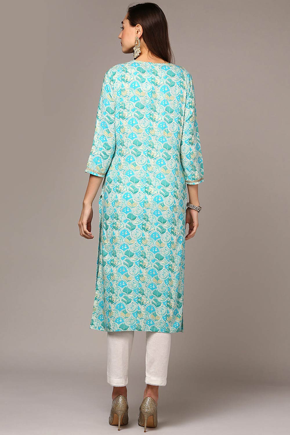 Blue Rayon Bandhani Shirt Collar KurtI Set