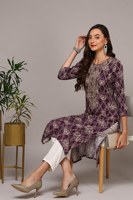 Purple Rayon Round Neck KurtI Set