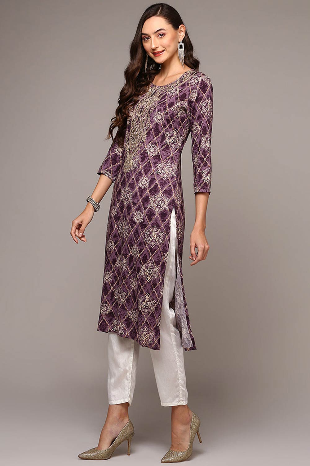 Purple Rayon Round Neck KurtI Set