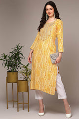 Yellow Rayon Floral Print Round Neck KurtI Set