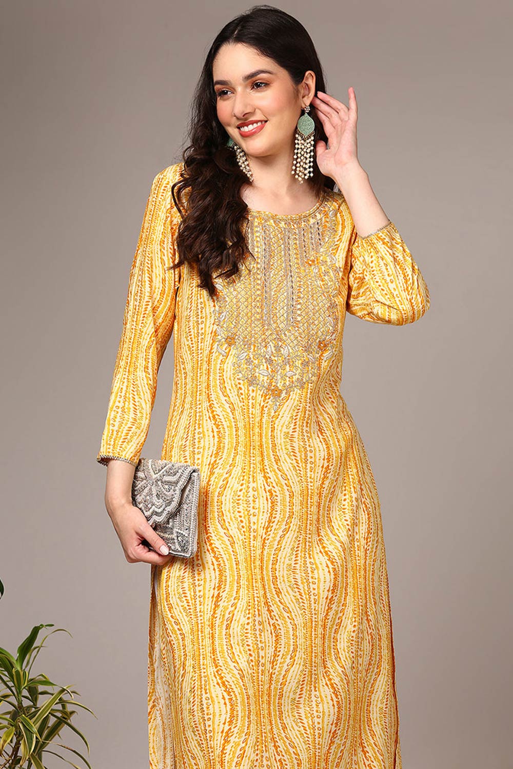 Yellow Rayon Floral Print Round Neck KurtI Set