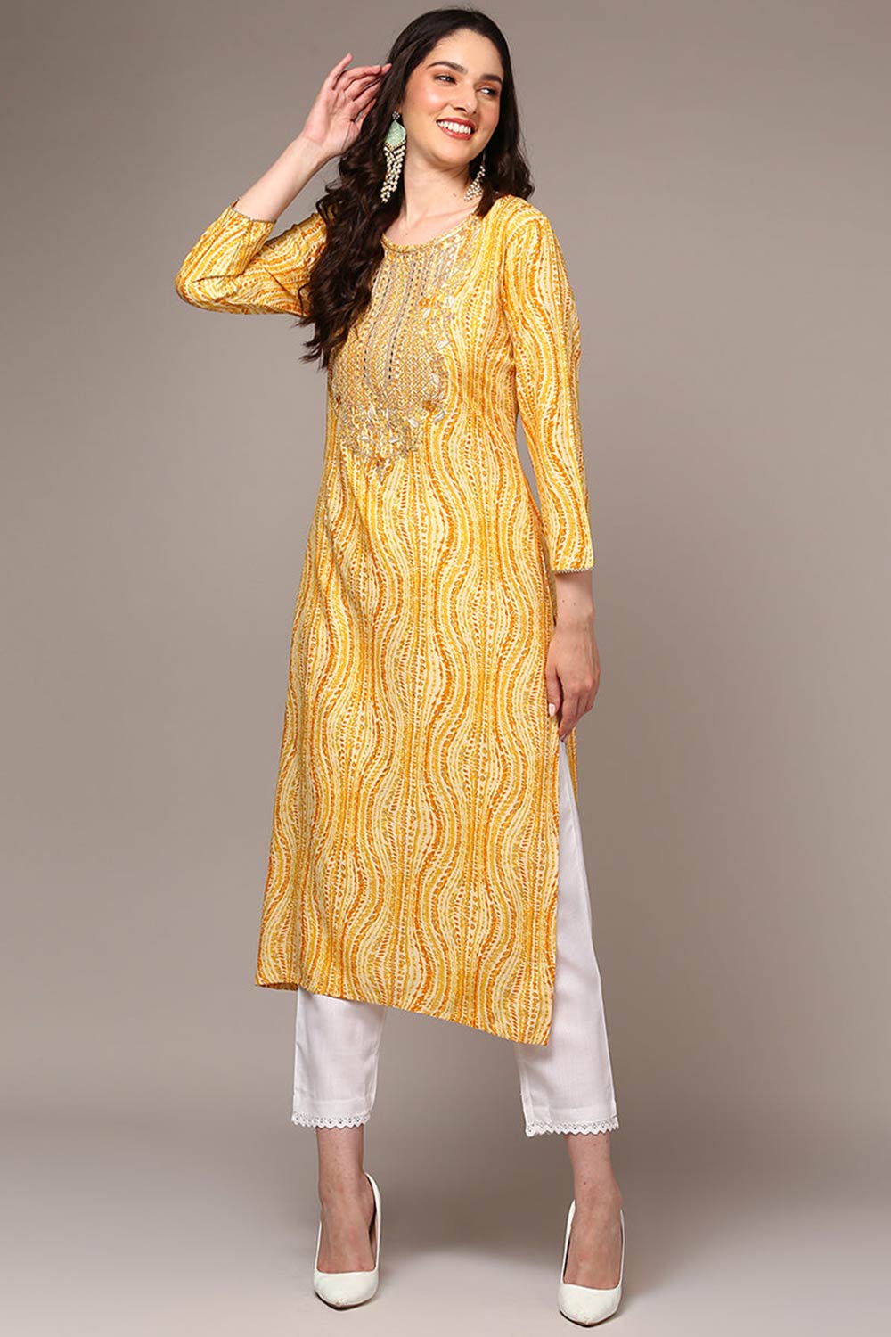 Yellow Rayon Floral Print Round Neck KurtI Set