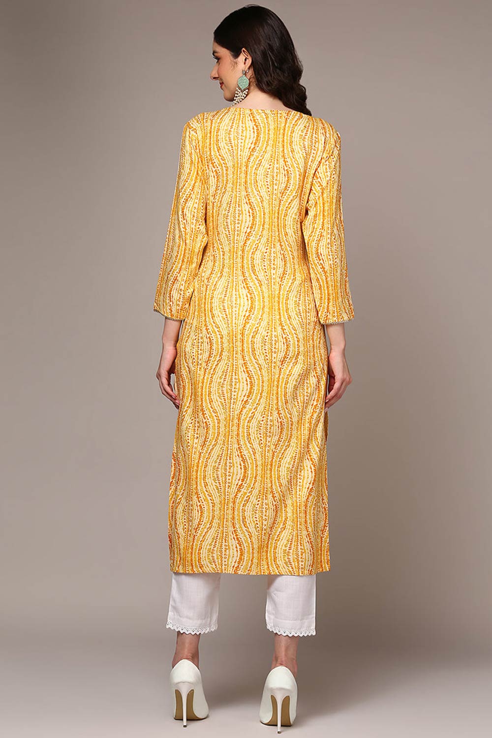 Yellow Rayon Floral Print Round Neck KurtI Set