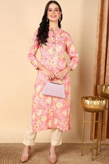 Pink Rayon Embroidered Mandarin Collar KurtI Set