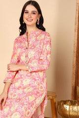 Pink Rayon Embroidered Mandarin Collar KurtI Set