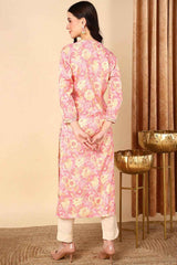 Pink Rayon Embroidered Mandarin Collar KurtI Set