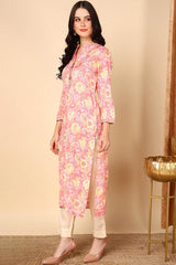 Pink Rayon Embroidered Mandarin Collar KurtI Set