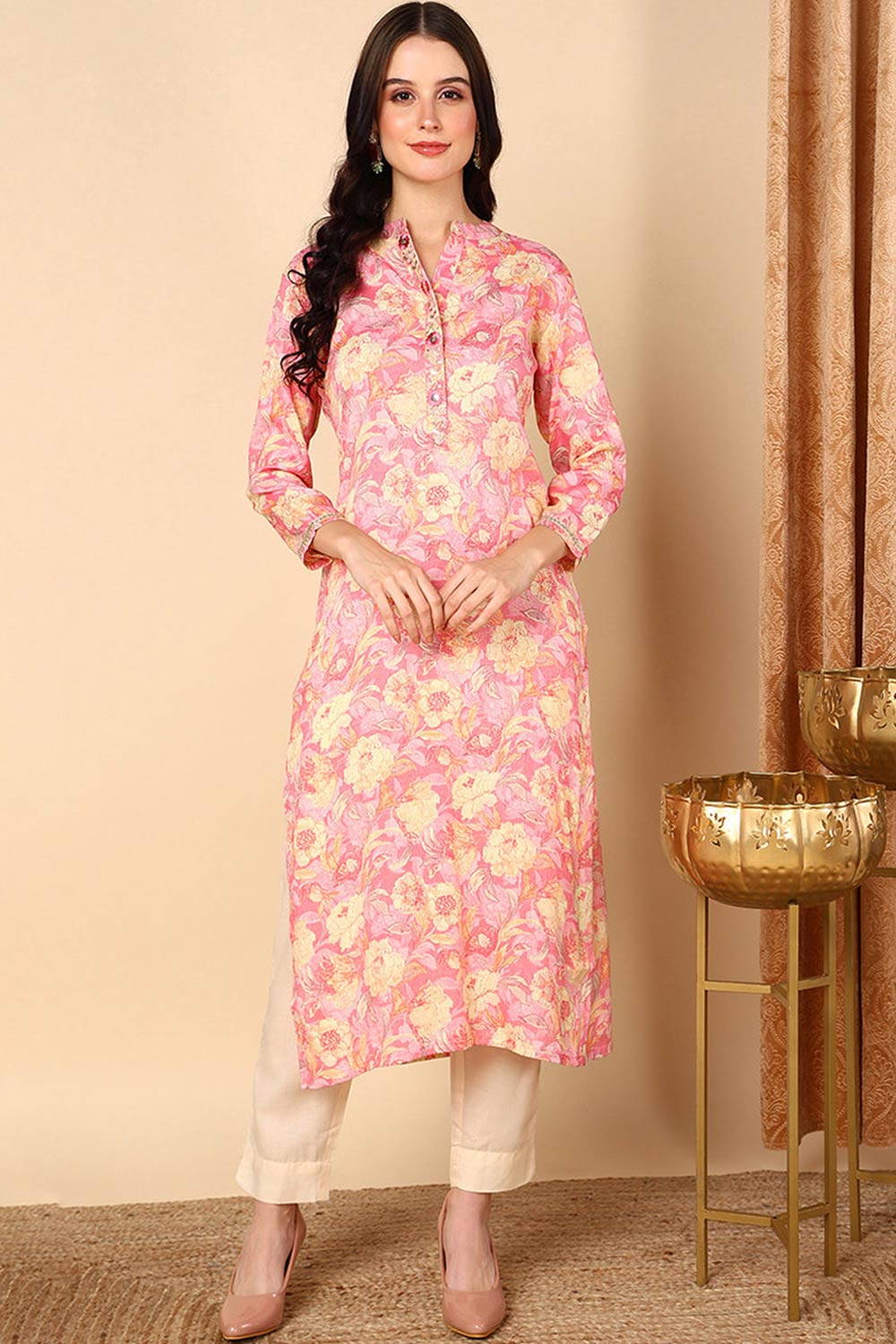 Pink Rayon Embroidered Mandarin Collar KurtI Set