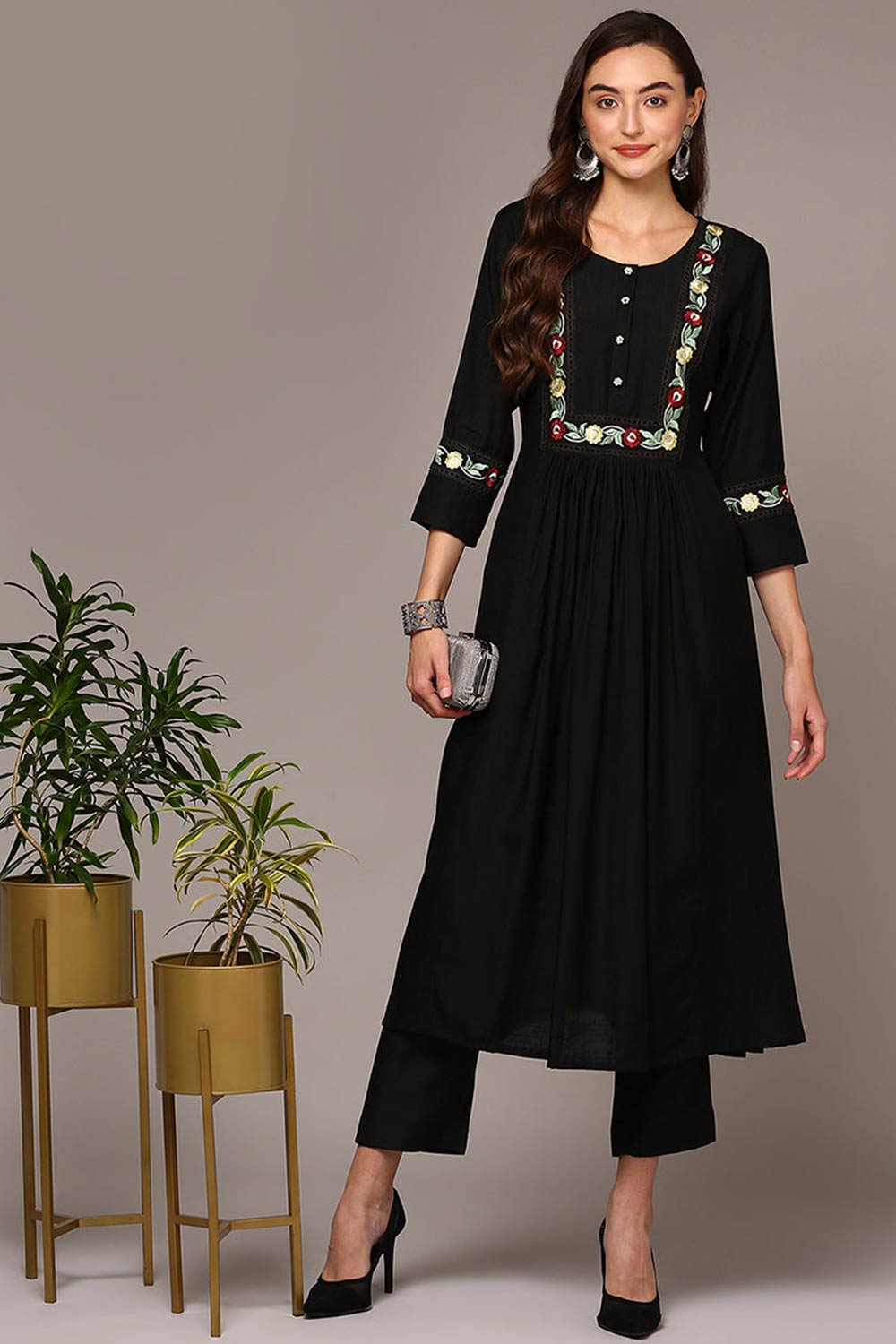 Black Rayon Bandhani Round Neck KurtI Set