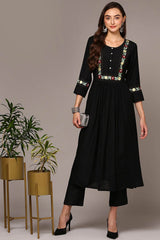 Black Rayon Bandhani Round Neck KurtI Set